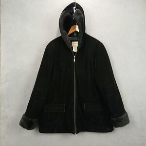 White Stag Velvet Jacket Womens XL(16-18) Black Faux Fur Trim Hooded Full Zip